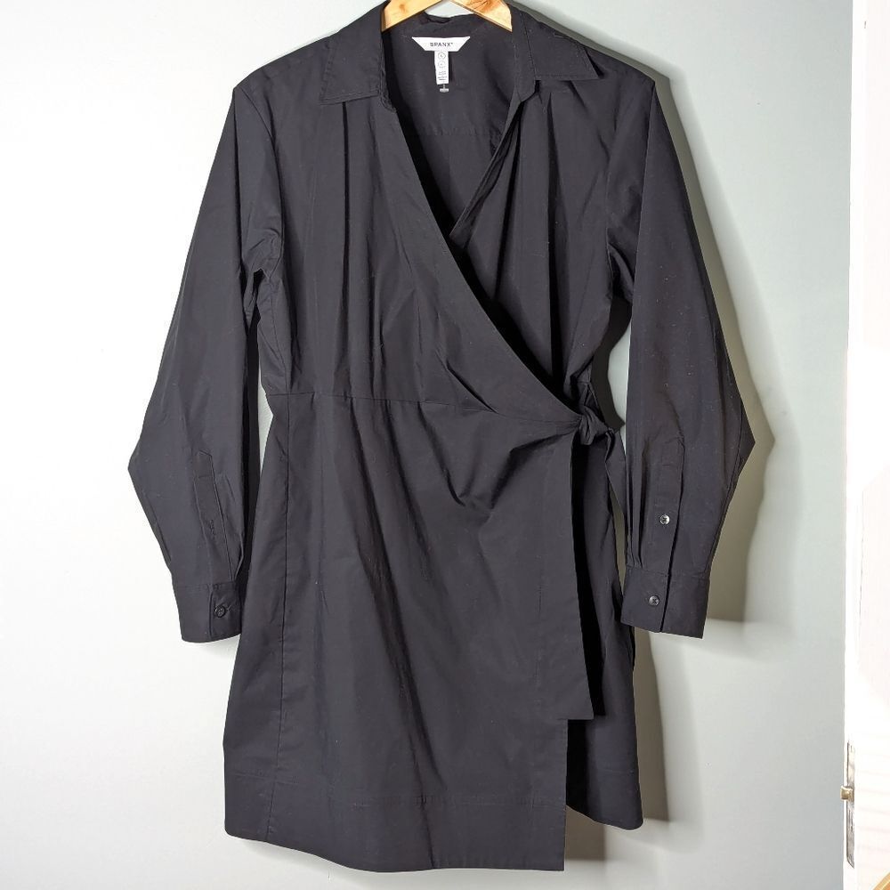 SPANX Black Stretch Cotton V Neck Collared Long Sleeve Wrap Dress Size L